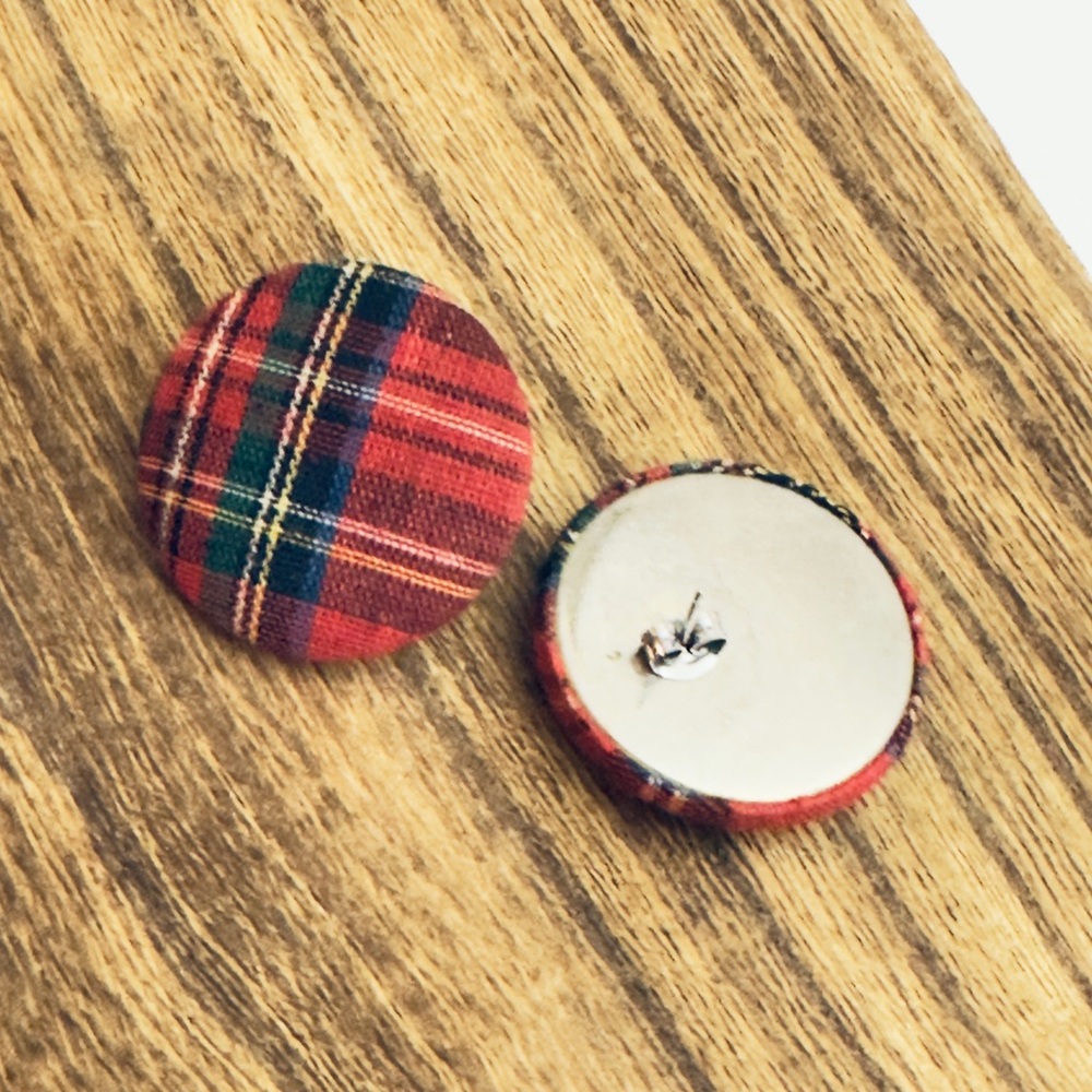 Vintage Plaid Fabric‎ Button Earrings 80’s